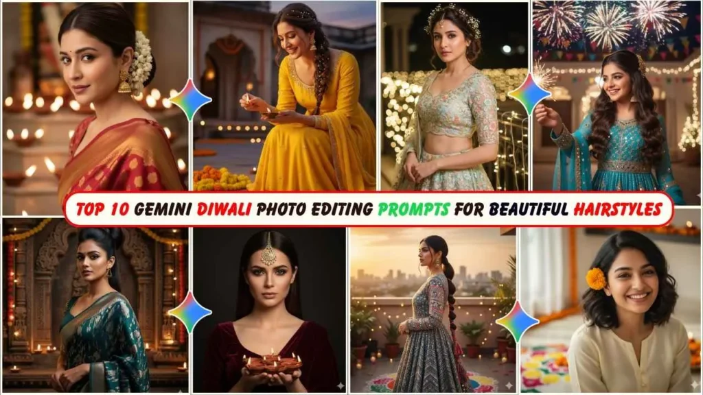 Top 10 Google Gemini Diwali prompts for Beautiful Hairstyles for girls on Puja looks